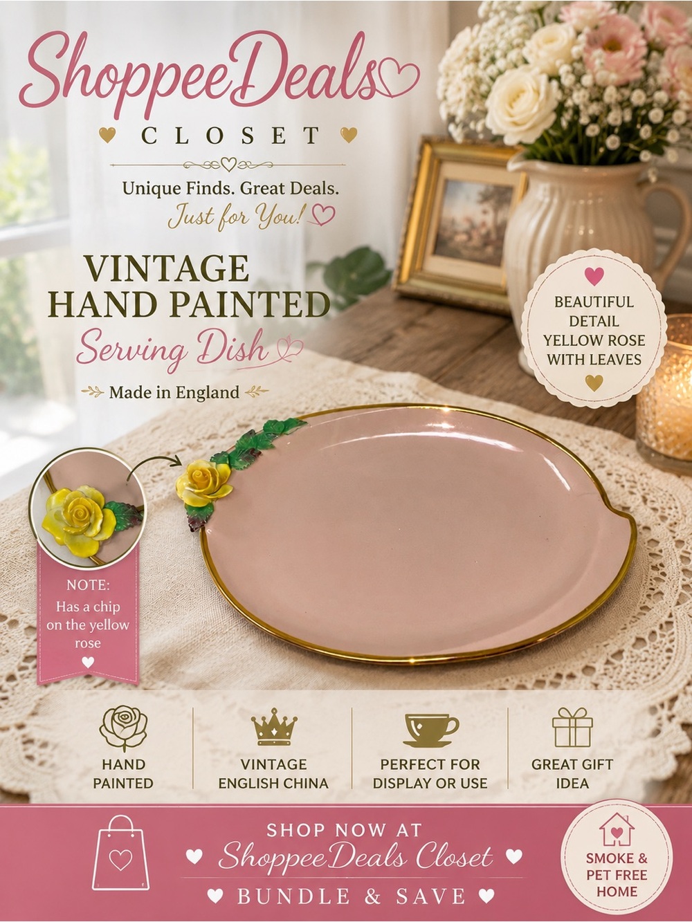 Vintage Hand Painted England Pink Serving Dish Yellow Rose Gold